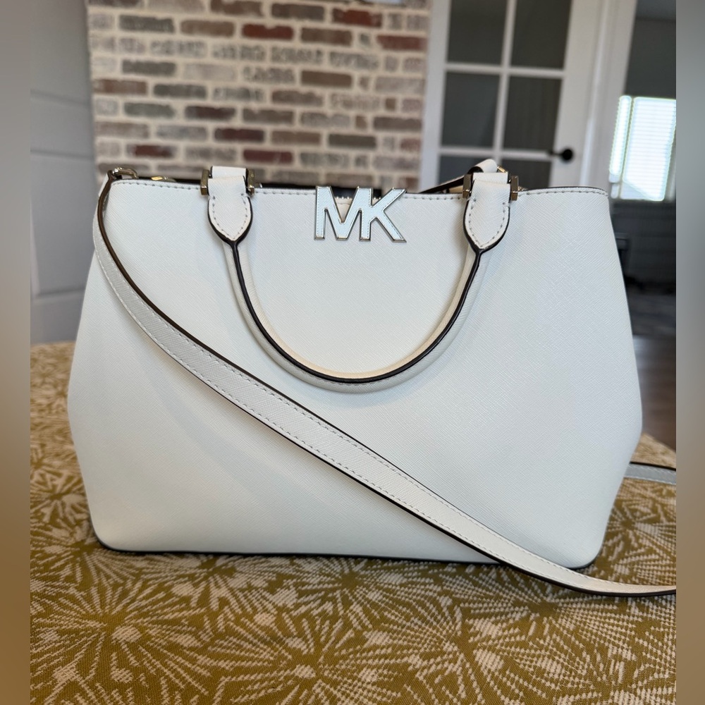 Michael Kors White Saffiano Leather Tote with Gold Tone MK Logo